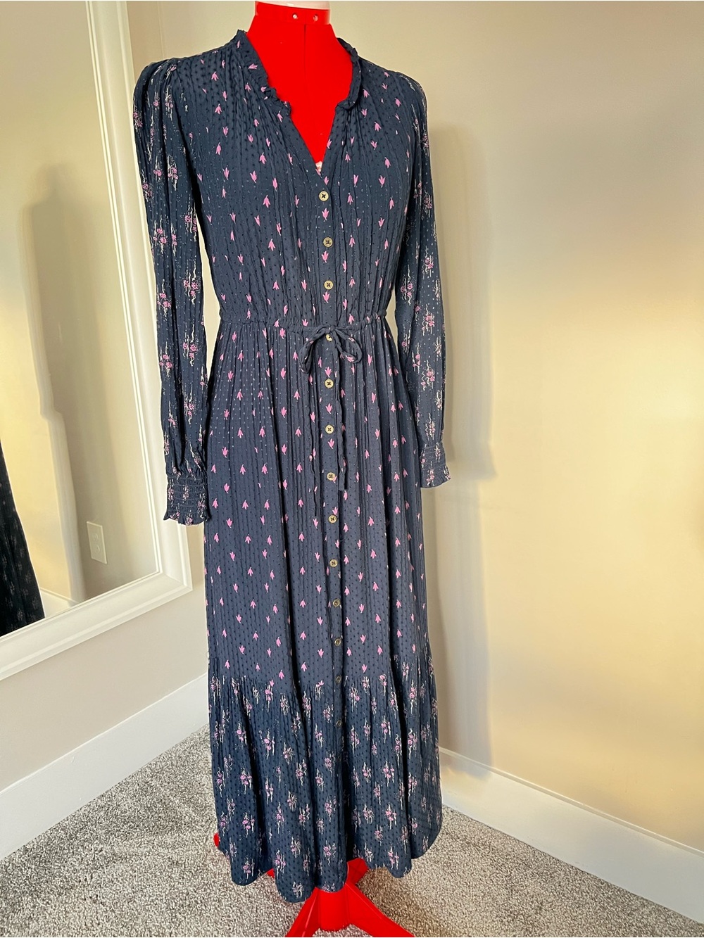 Fat Face Navy Maxi Dress with Pink Floral Motif